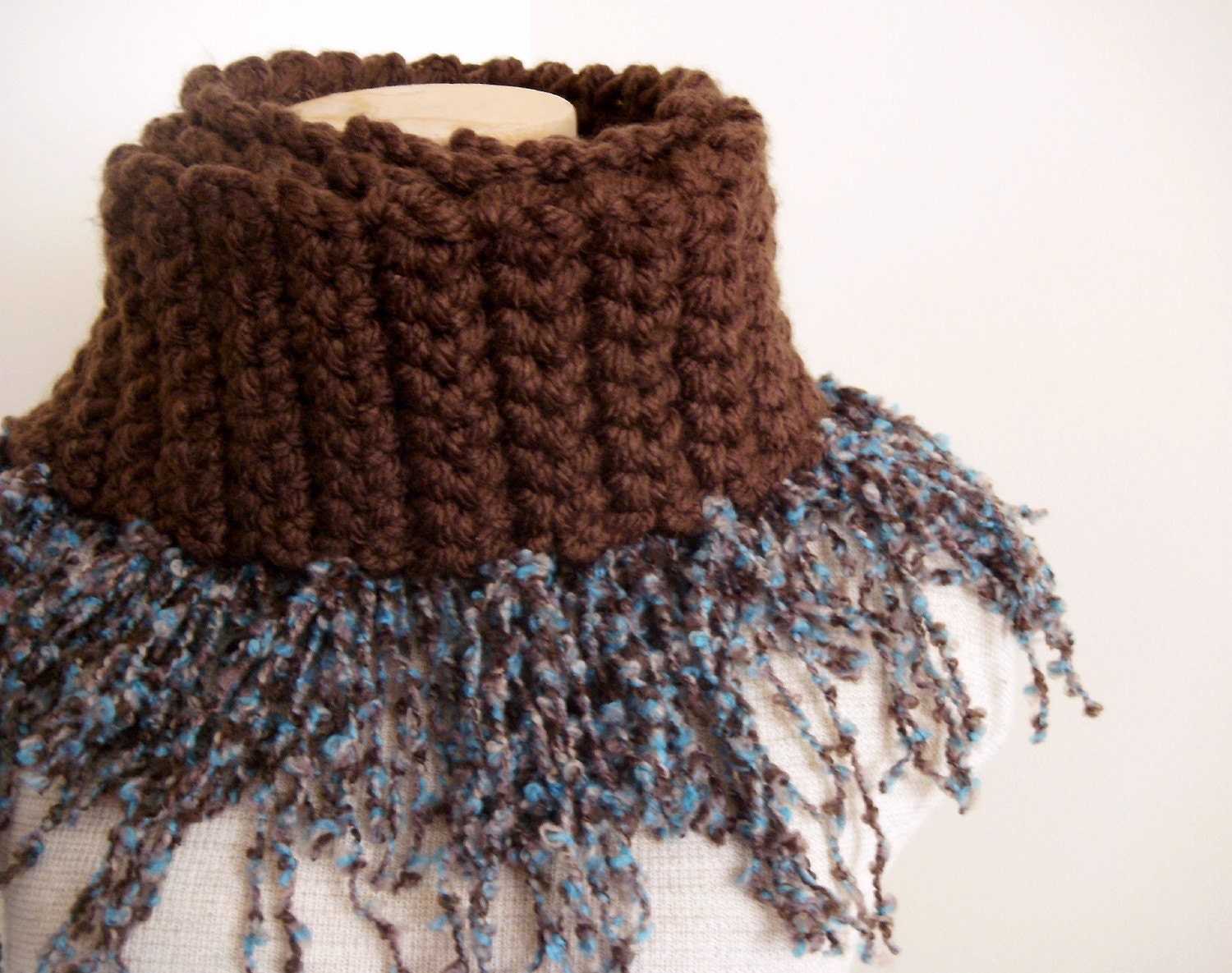 Teal and Chocolate Twisted Thick Fringe Scarf Cowl