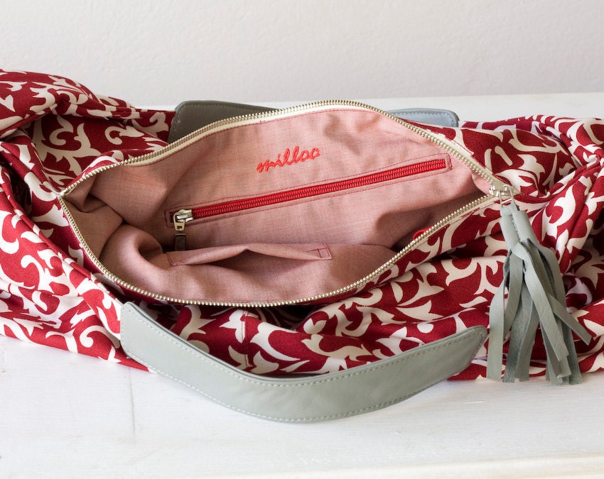 Kallia - Shoulder bag in red cotton floral pattern and grey leather