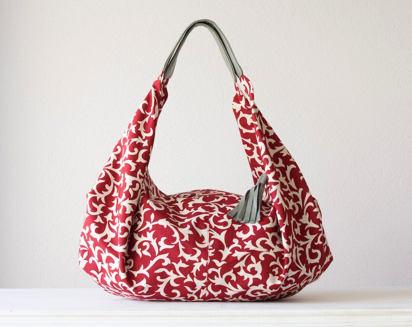 Kallia - Shoulder bag in red cotton floral pattern and grey leather