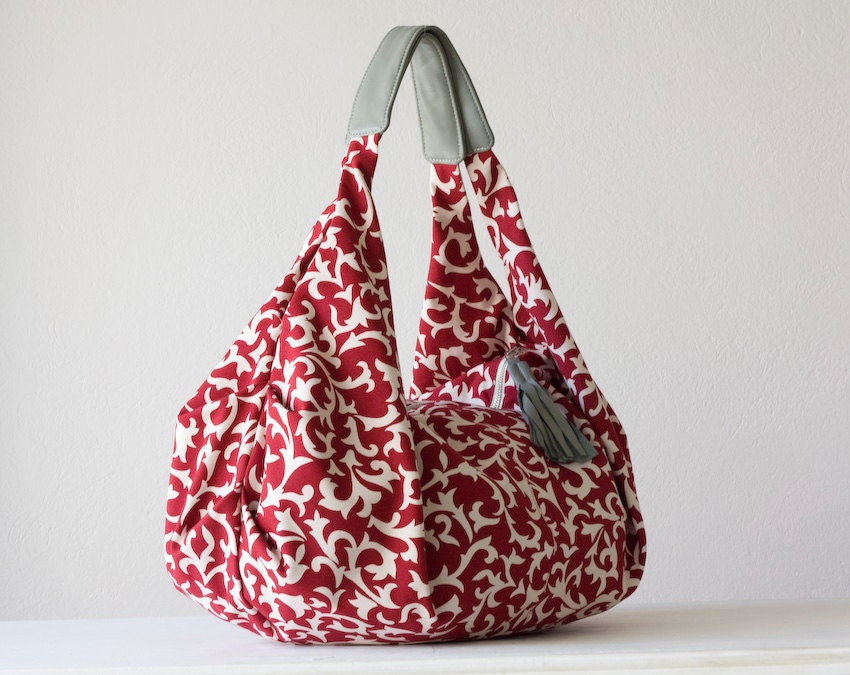 Kallia - Shoulder bag in red cotton floral pattern and grey leather