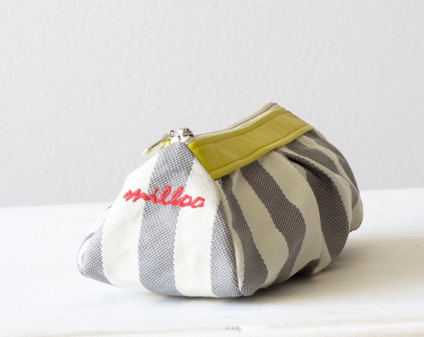 cosmetic case , make up bag in Stripe cotton grey and Yellow leather , Cyber Monday Etsy