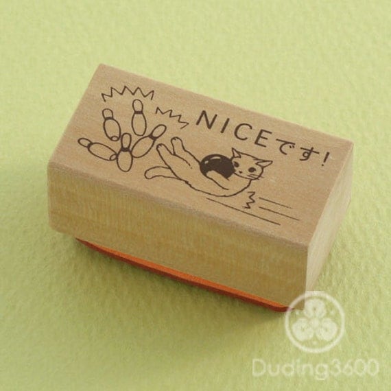 Japanese Cat Wooden Rubber Stamp - "Nice" Bowling Strike- Pottering Cat