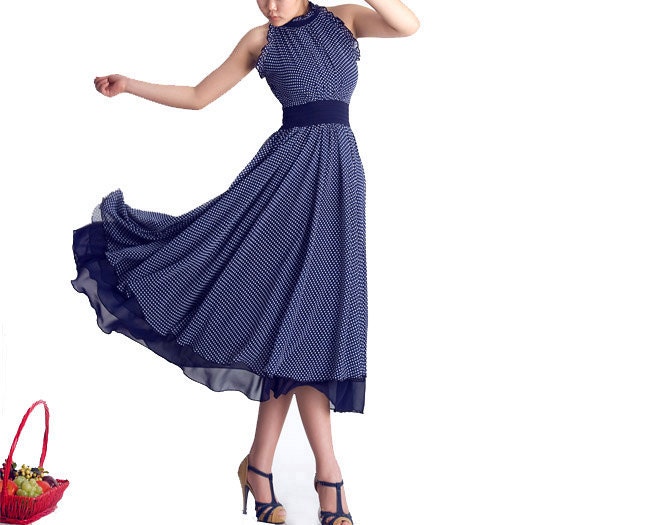 Blue dotted chiffon maxi dress (0054)