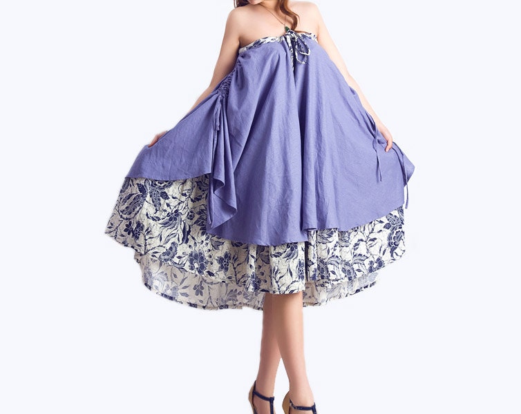 light blue floral linen maxi skirt dress (0096)