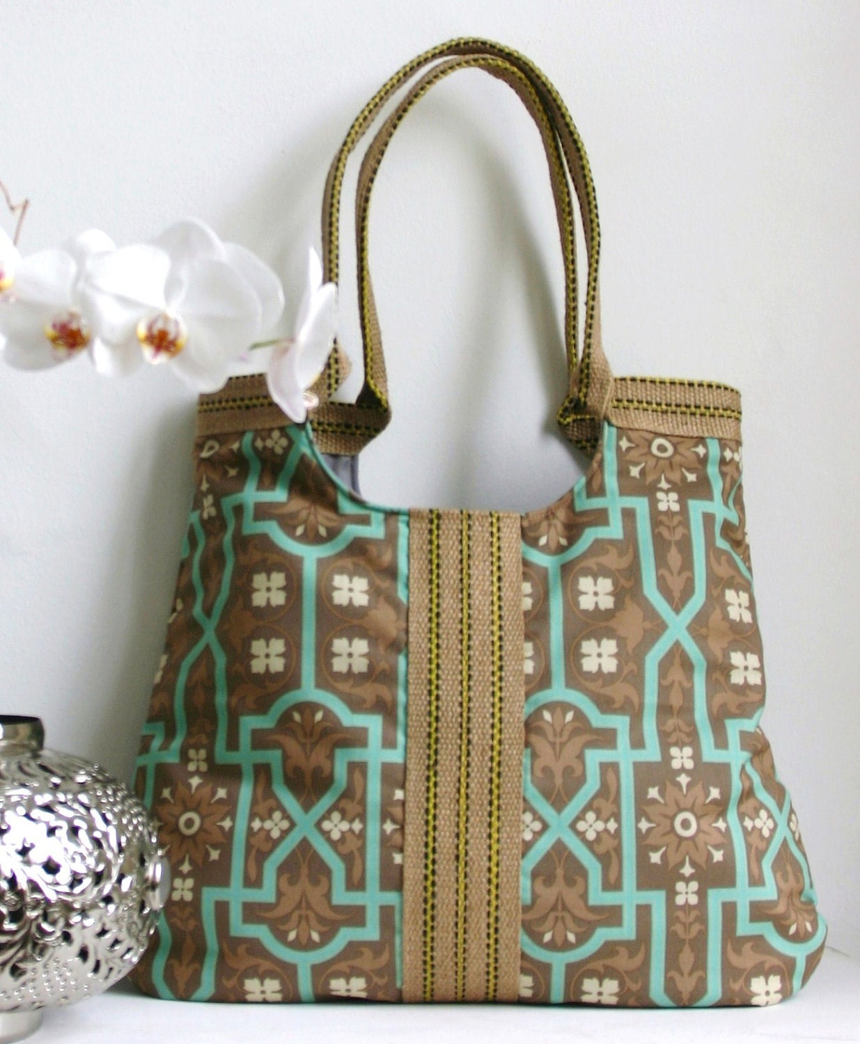 Jute and barnwood fabric tote bag