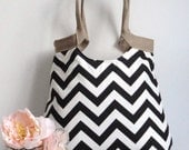 Hand Bag Purse Black and white chevron carry on hobo bag with burlap FASHION