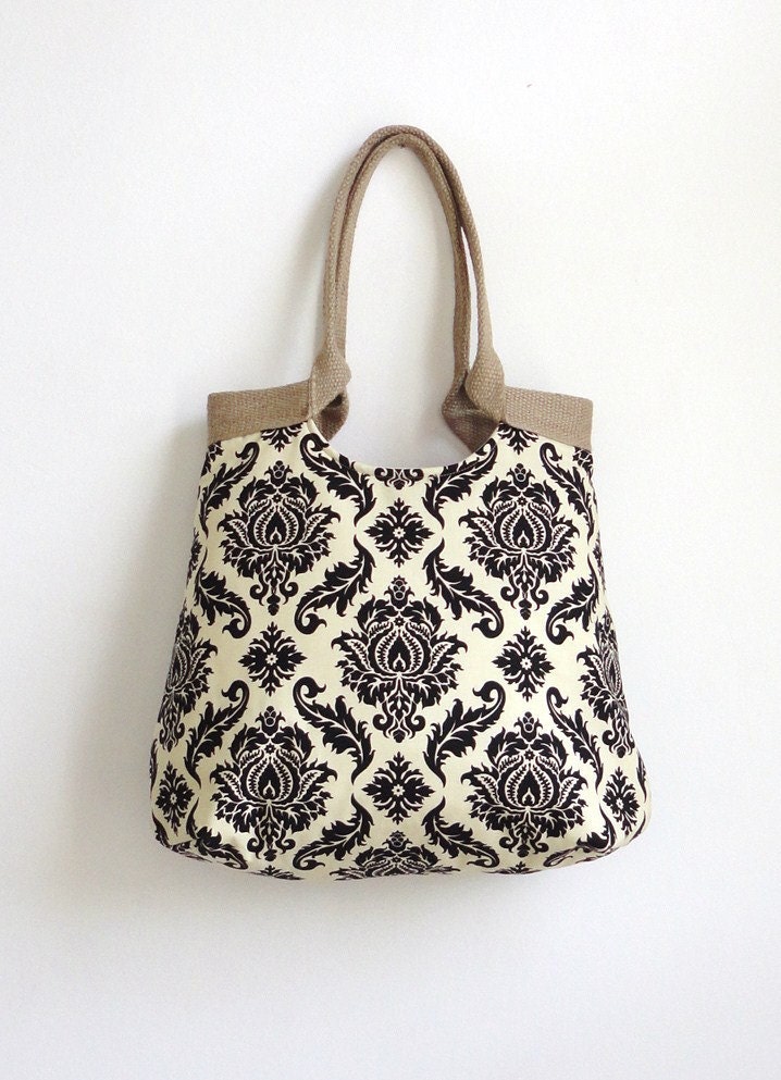 Damask black hobo bag with burlap