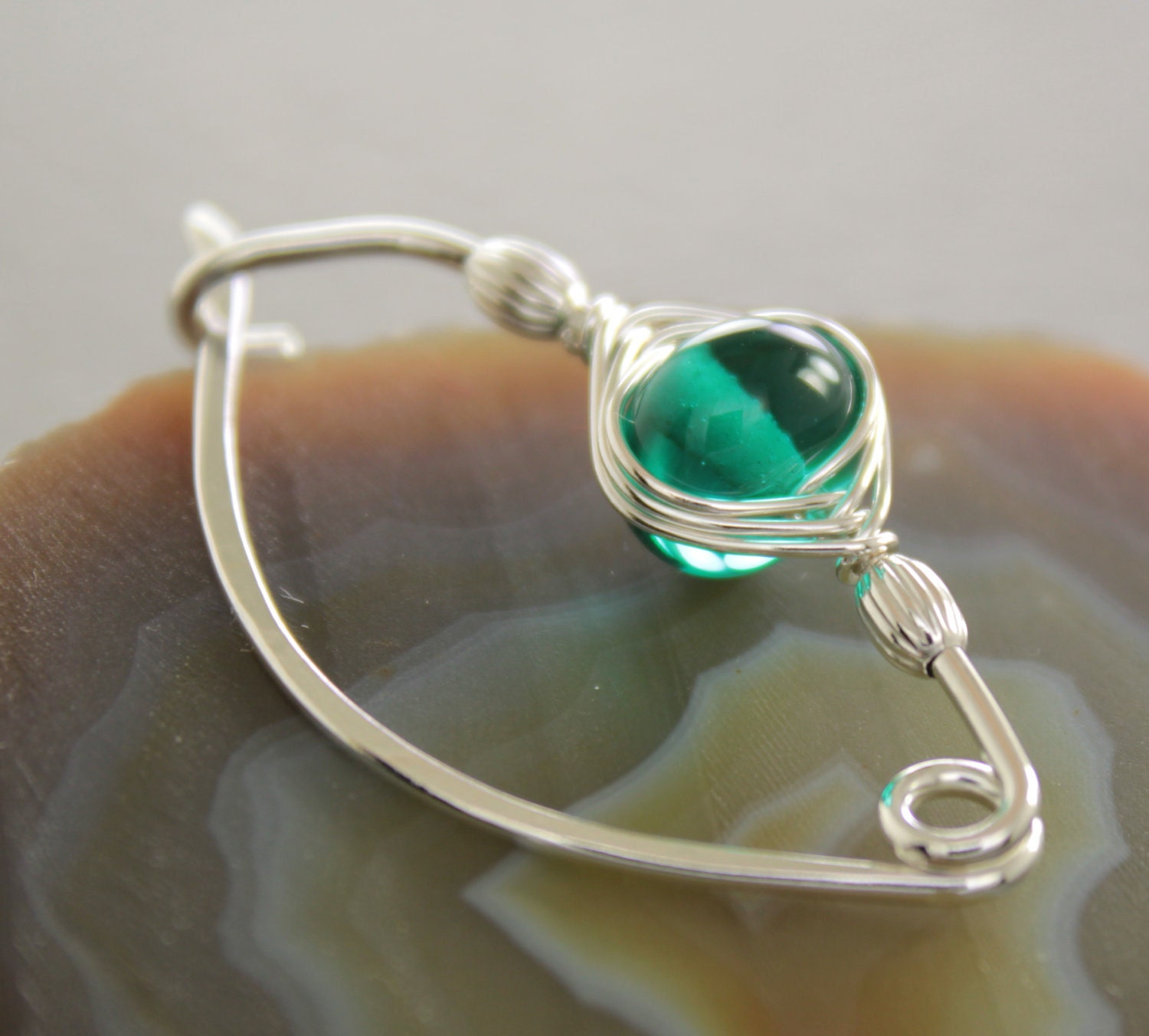 Handcrafted sterling silver shawl pin, scarf pin with light teal lampwork glass bead herringbone wrapped