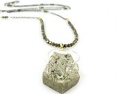 Geode Pyrite Necklace, statement necklace, organic stone, pyrite necklace, long necklace, chunky pendant,