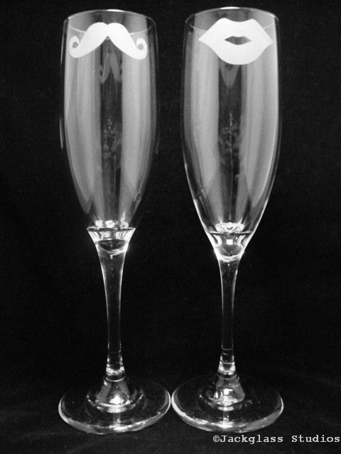 As seen in Wedding Style Magazine His and Hers Mustache and Lips Champagne Flutes by Jackglass on Etsy