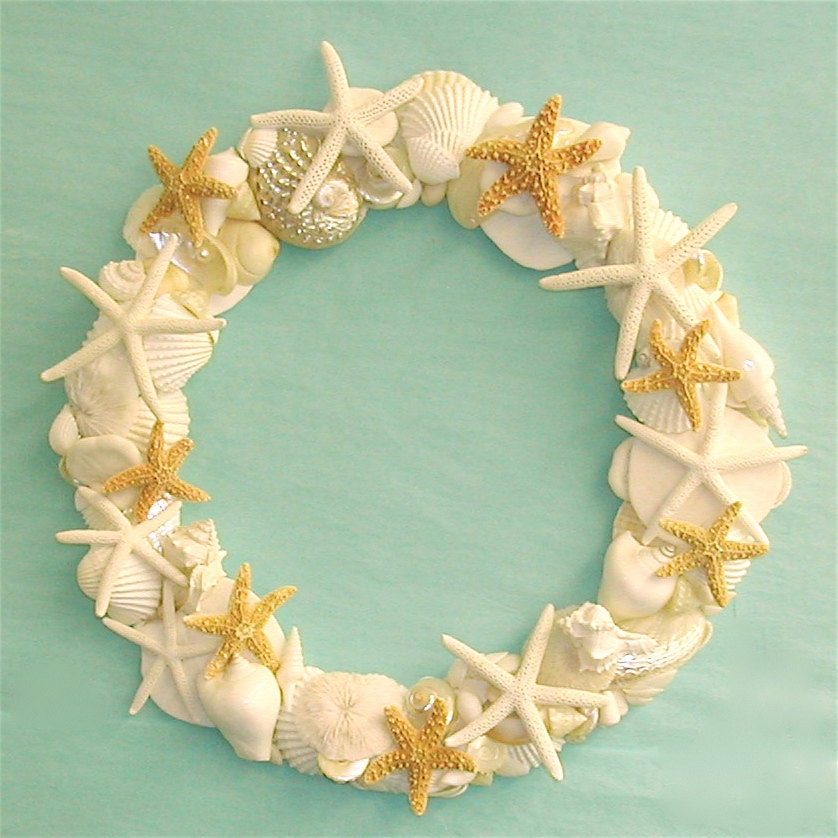 Beach Decor - Shell Wreath with Starfish - 12-14 inch diameter
