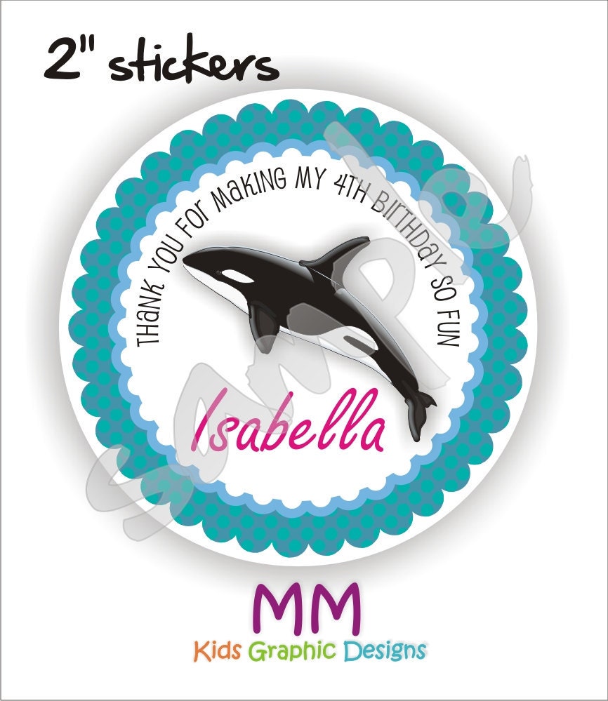 40 Thank You 2 inch circle Stickers - Birthday - Baby Shower - Envelope Seal - Address Label - Orca Killer Whale Theme - Personalized Il_170x135