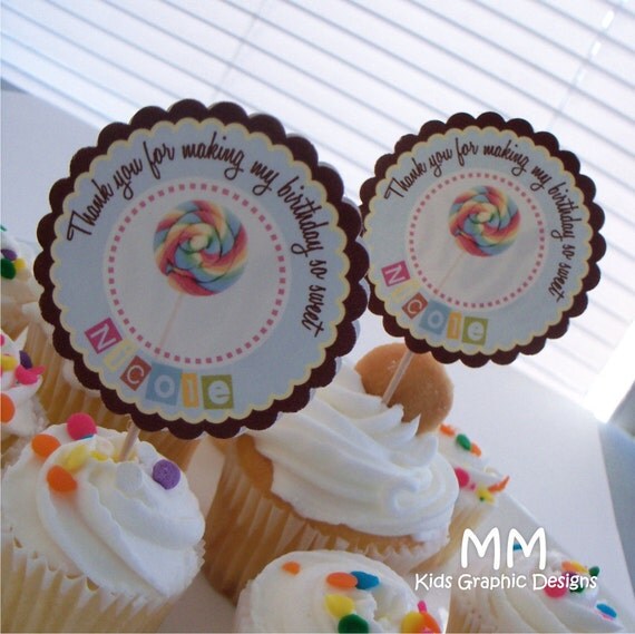 Lollipop Theme - 12 Cupcake Toppers - Personalized - Birthday - Baby Shower - Choose the design Il_570xn