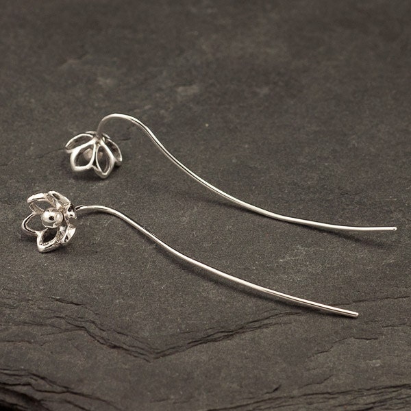 Silver Flower Earrings- Sterling Silver Dangle Earrings- Long Sterling Silver Earrings- Modern Silver Jewelry