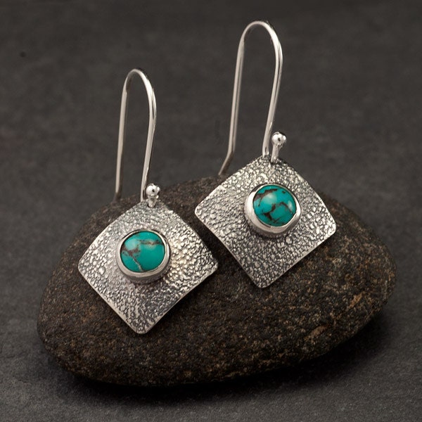 Turquoise Earrings- Sterling Silver Earrings- Silver Dangle Earrings- Silver Square earrings with turquoise gemstones