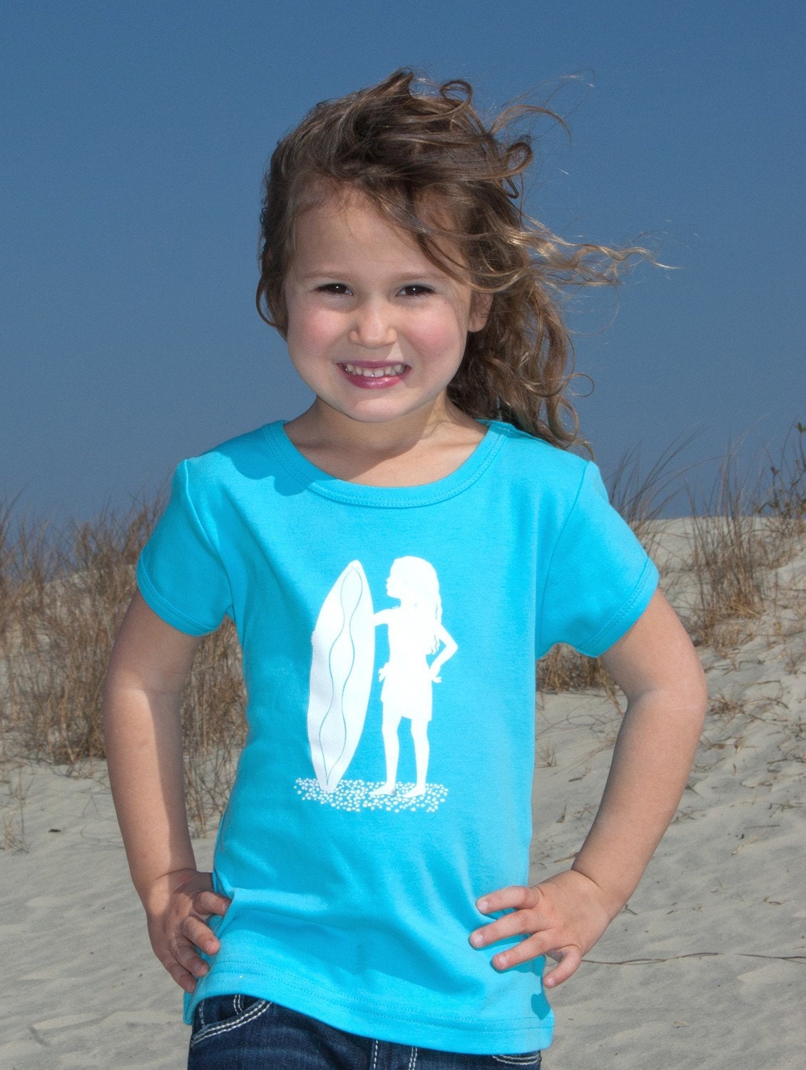 Sassy Surfer Short Sleeved Nostalgic Graphic Tee Shirt -  Turquoise with White FREE SHIPPING