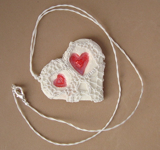 mY hEaRT bELoNGS tO YoU. Pottery and Fiber Knotted Necklace, Heart of My Heart, White and Red