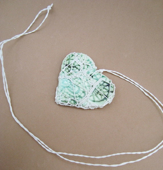 White Smoky Fishnet Steampunk Valentine, Pottery and Fiber Knotted Necklace