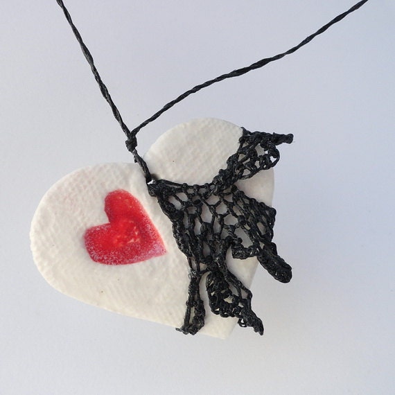 Black Needle Lace Necklace Skirted Valentine Fishnet Steampunk Pottery and Fiber