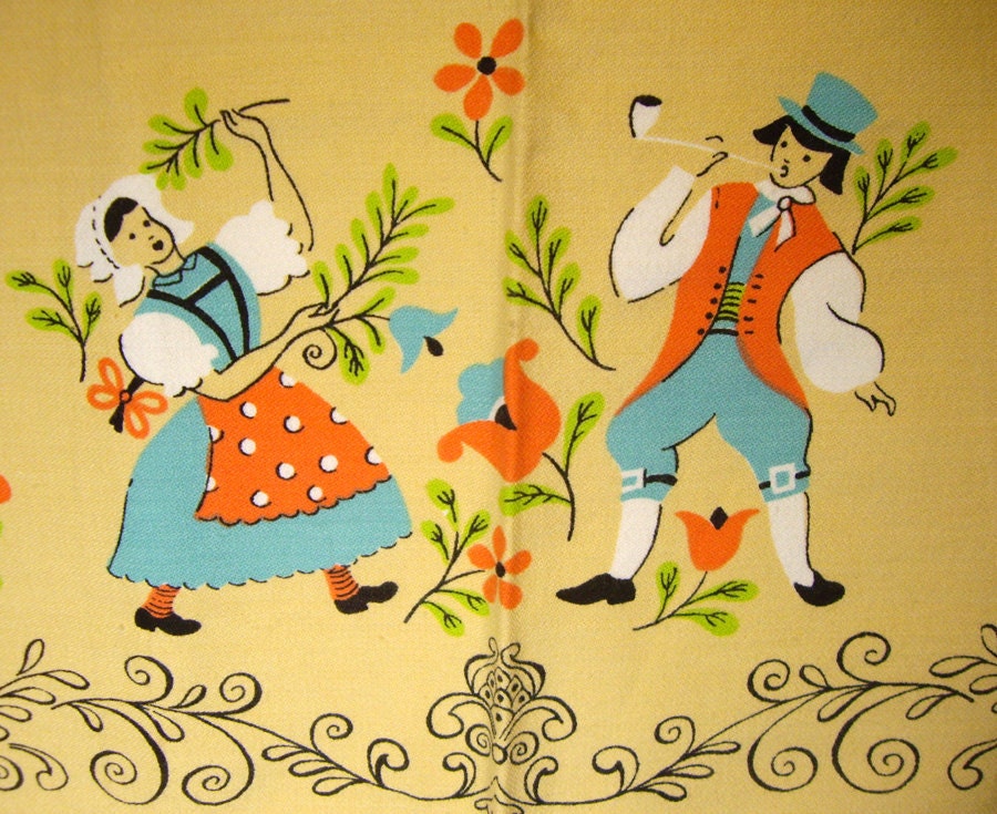 Vintage Kitchen Tea Towel, Dutch Colonial Couple, Kendall Absorbent Linens, Yellow, Orange, Blue, Mid Century Vintage Kitchen