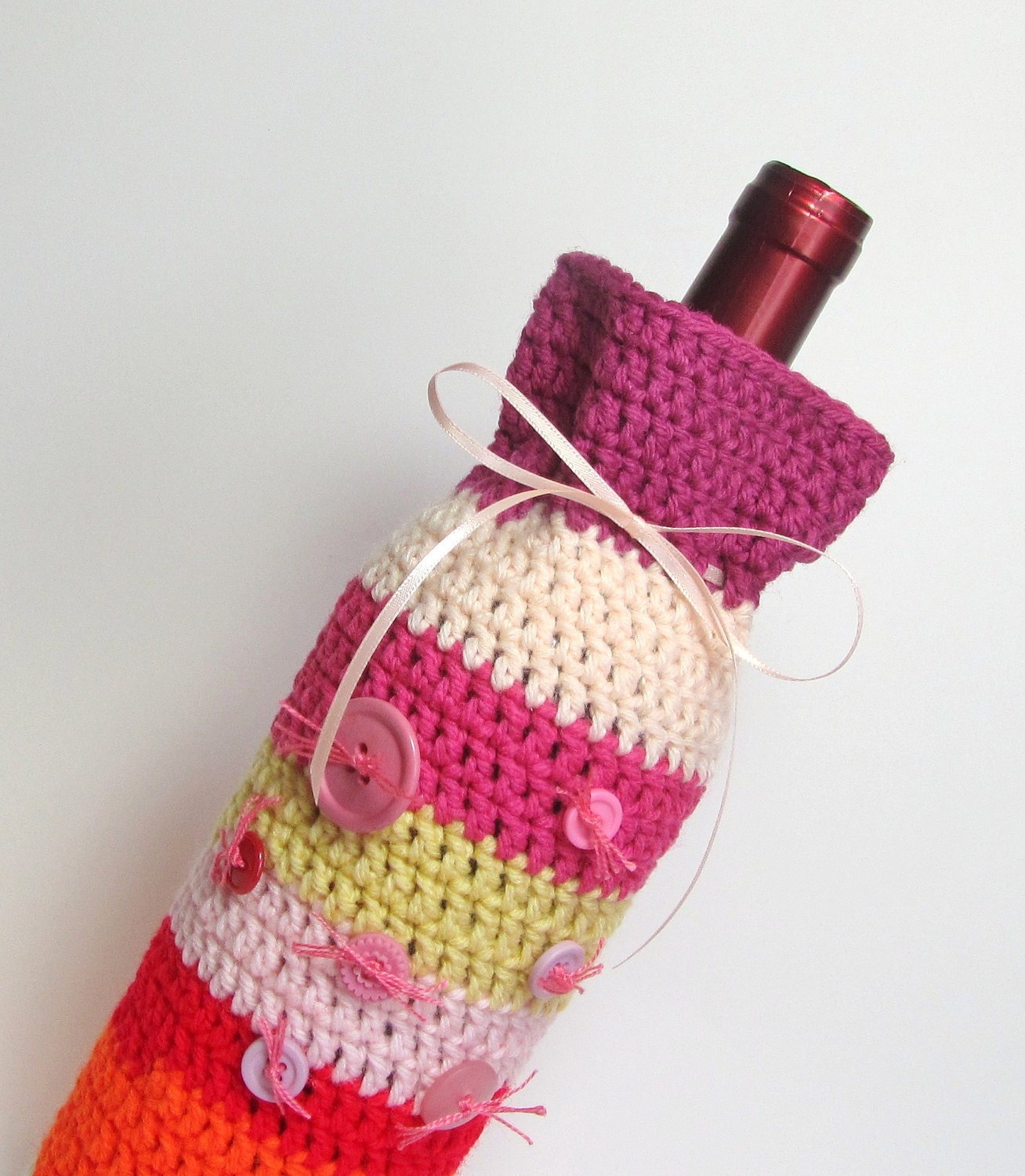 Wine Cozee Champagne Cozy Sunrise Hues Reusable Eco-Friendly Stripes Vintage Buttons Bottle Carrier Whimsical Gift Bag Handmade by Lilena