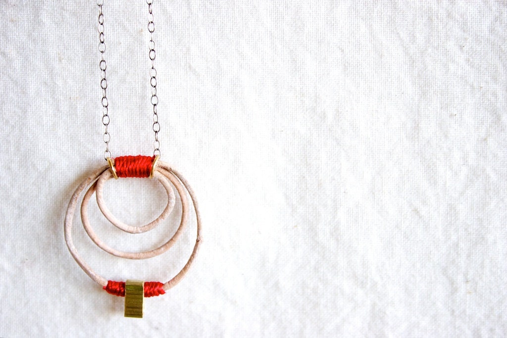 SALE Leather & Brass necklace with Sterling SIlver chain - Red