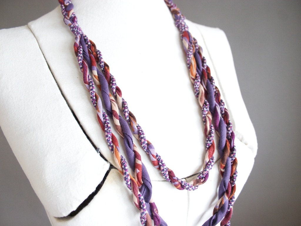 3 strands braided fabric necklace - purple and rust