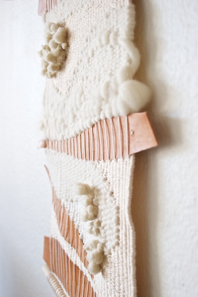 White texture - wool, cotton and leather woven art