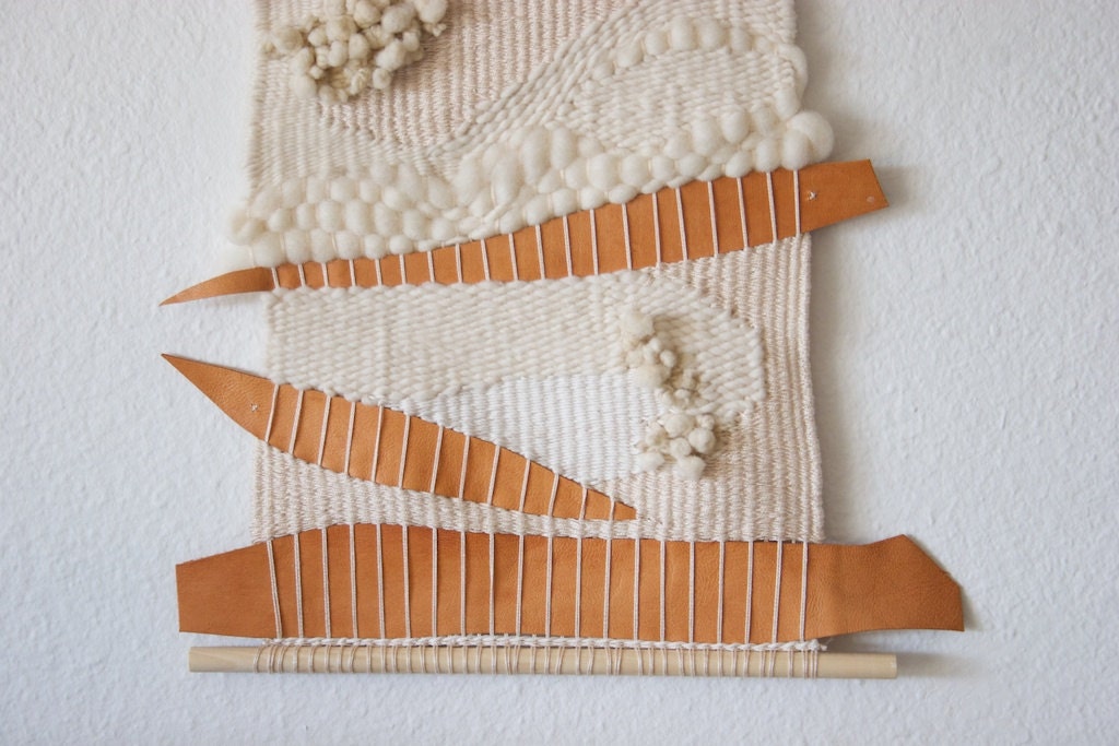 White texture - wool, cotton and leather woven art