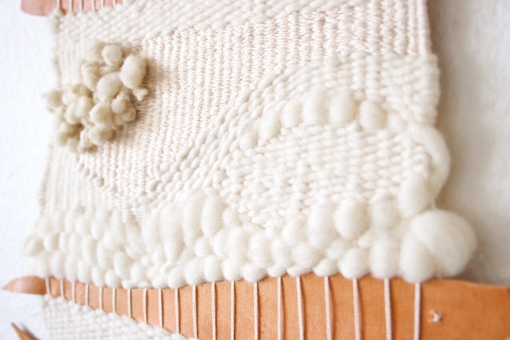 White texture - wool, cotton and leather woven art