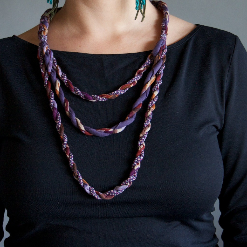 3 strands braided fabric necklace - purple and rust