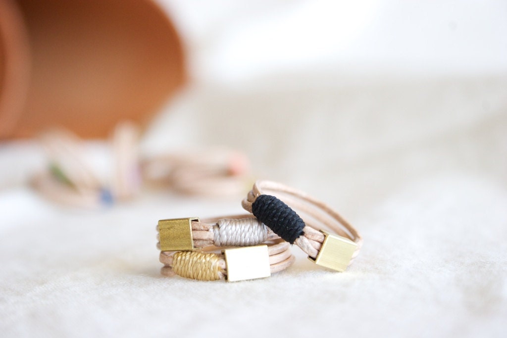 Leather and Brass ring - THREE set warm