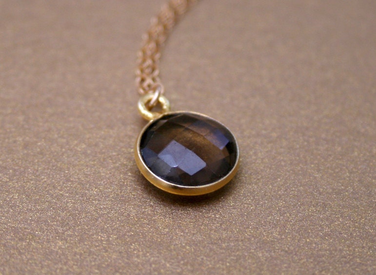 Tiny Smokey Quartz Drop Necklace 14kt Gold