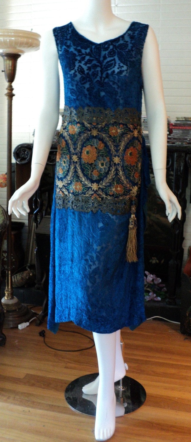 1920's Orientalist Period Silk Voided Velvet Dress with Metallic Lace and Asian Tassle Bellasoiree original SOLD