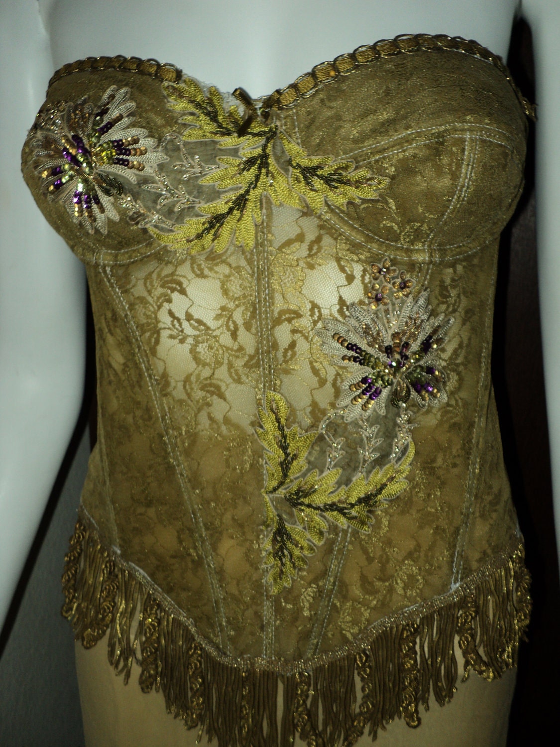 Handmade vintage lace bustier embellished with 1920s applique bullion caterpillar fringe French lingerie