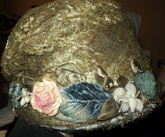 Antique Metallic Lace Hat with Antique French Ribbonwork Flowers with velvet and Lame