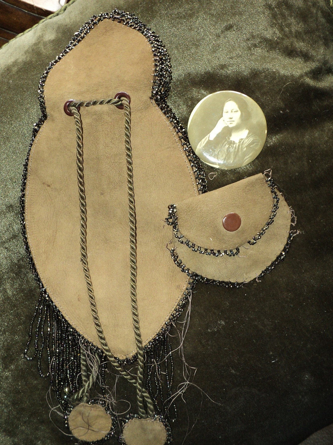 Antique Turn of the Century American Indian Leather Beaded Purse Coin and original Photo of maker