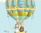Hot Air Balloon Save the Date postcards. Unique. Hand Drawn - Illustrated.