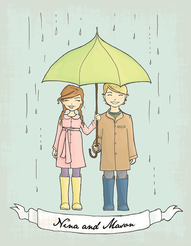 Umbrella Save the Date Cards.Vintage inspired cusomtizable. Hand drawn.