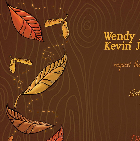 Fall Leaves & Maple Keys Wedding Invitation sample. Hand Drawn. Faux Bois. Illustrated