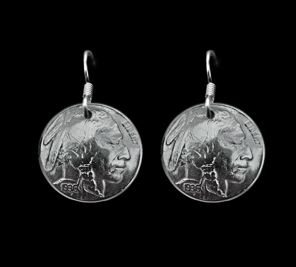 Coin Jewelry Vintage Buffalo Nickle Earrings Boho Chic Native American Indian Head