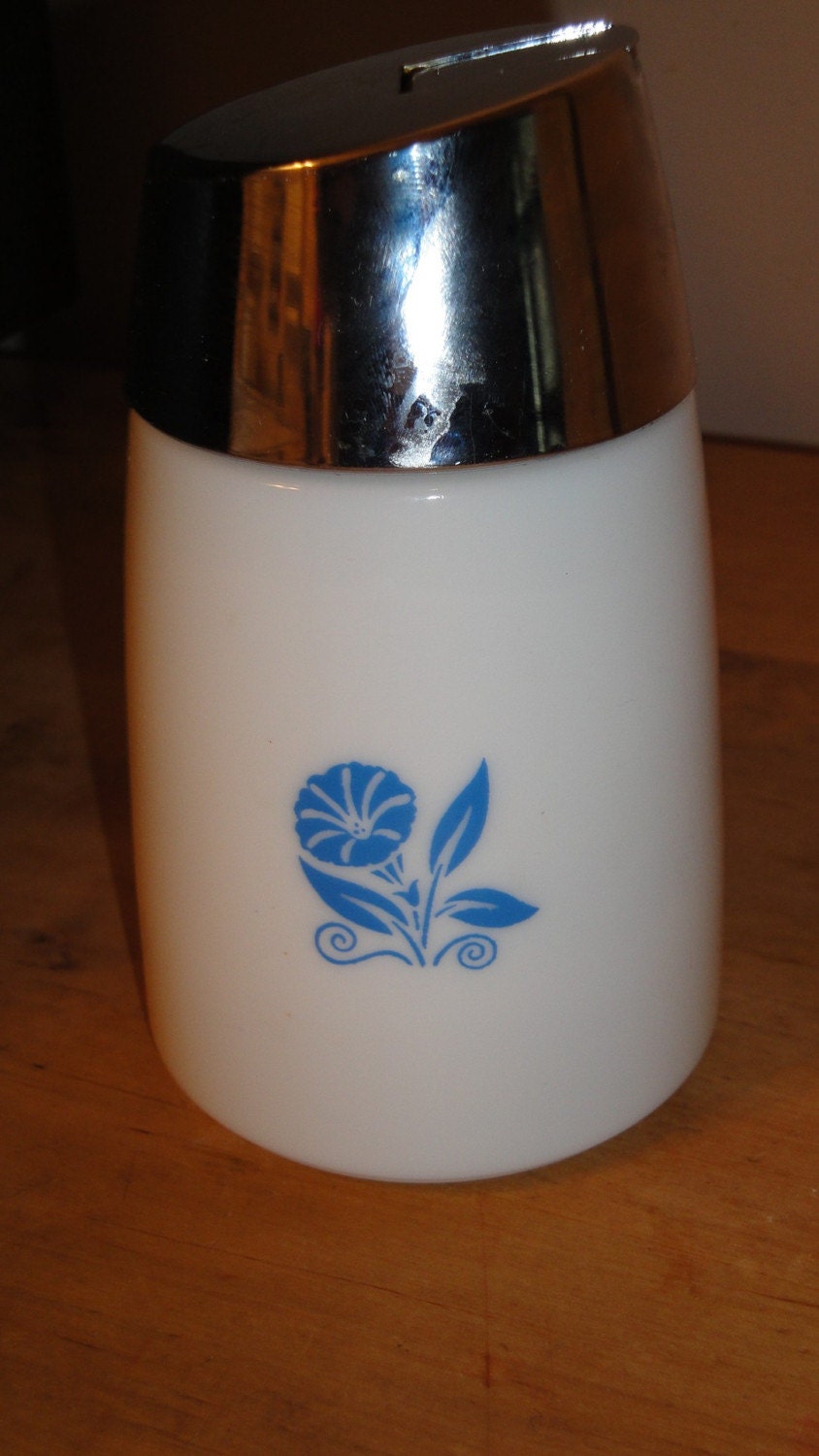 1950s Vintage Sugar Dispenser Milk Glass Blue Morning Glory