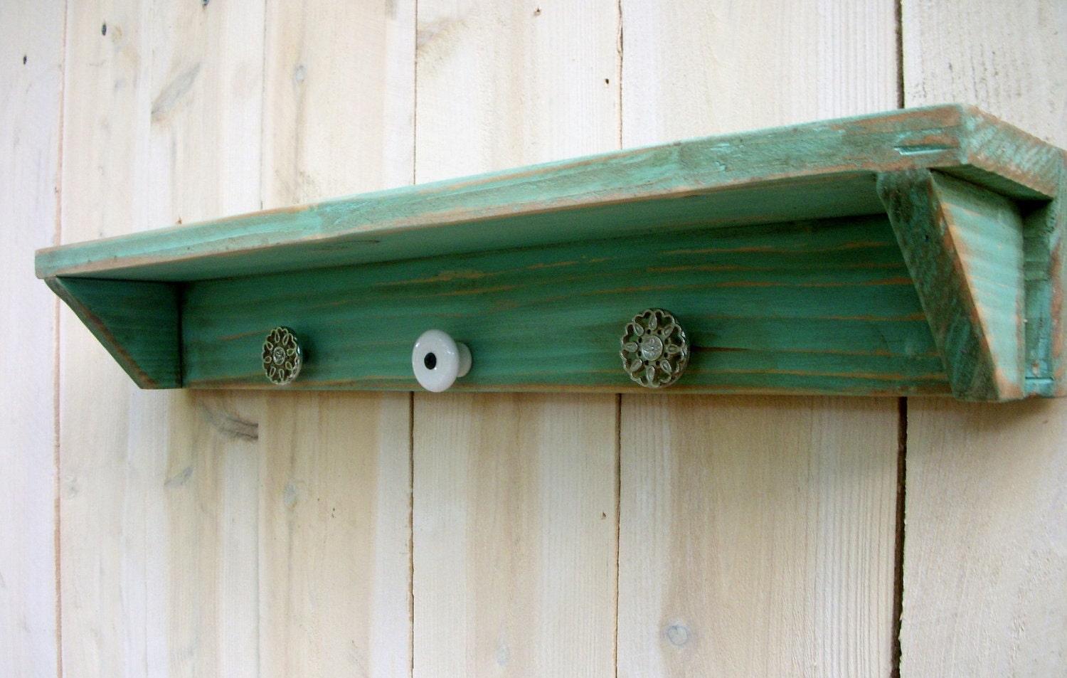 Wooden Shelf - 32 Inches  4 Vintage Knobs and Color of Your Choice - Rustic - Home Decor - Farmhouse Chic