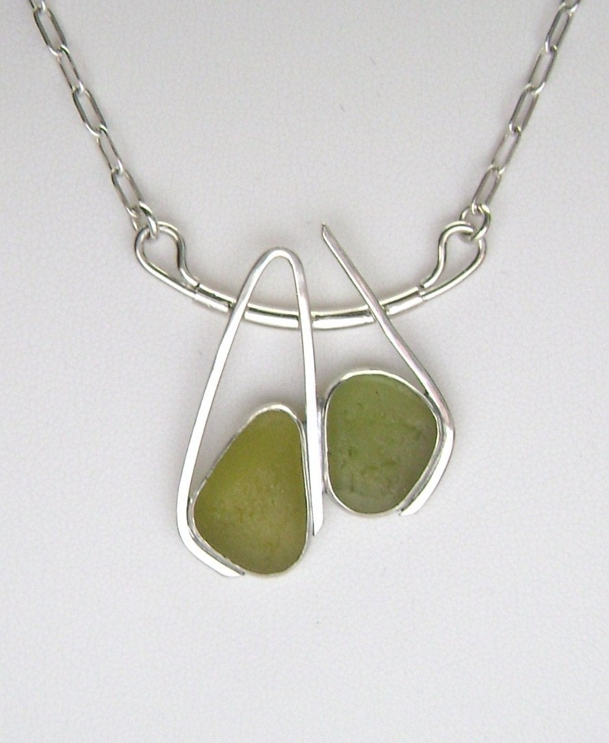 Sea Glass Jewelry - Sterling Olive Green Sea Glass Necklace