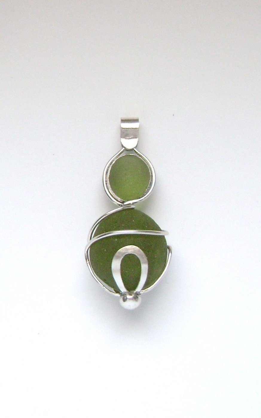 Sea Glass Jewelry - Sterling Double Green Sea Glass Pendant