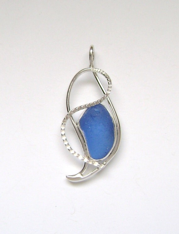 Sea Glass Jewelry - Sterling Cornflower Blue Sea Glass Pendant