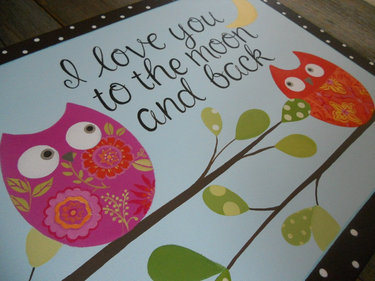 love you to the moon, posh large damask owl, hand painted 16x20 stretched canvas