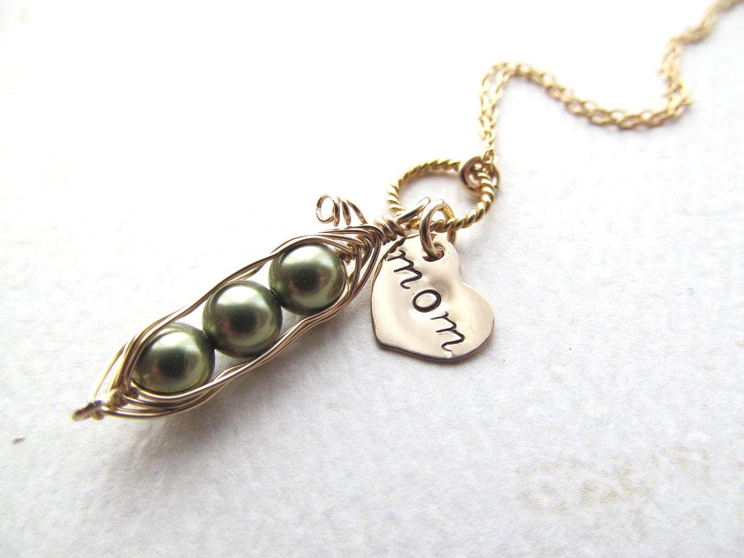 Peas in a Pod Necklace - Hand Stamped HEART MOM - Mothers Kids Grandkids Mom Birthday Gift