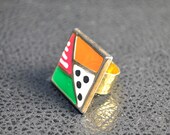 Large square ring wild enamel green orange 24K gold plated adjustable made from vintage 1980s jewelry