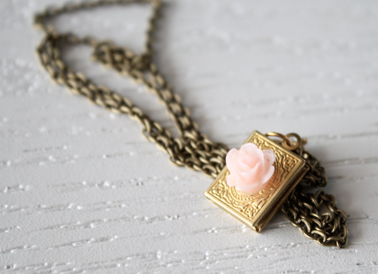 Small Brass Book Locket with Pale Pink Flower